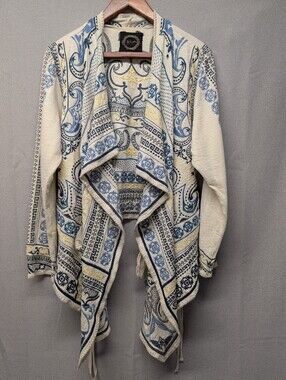 Johnny Was Open-Front Cardigan in Blue, Cream & Yellow Paisley Size XL, NWOT